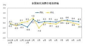 中国10月CPI同比上涨0.3%环比下降，PPI同比降幅扩大至2.9%  